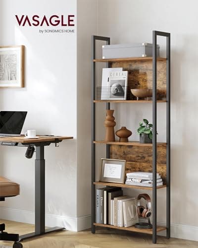 VASAGLE 5-Tier Industrial Bookshelf, Steel Frame, Rustic Brown and Black, 9.4 x 24.4 x 65 Inches
