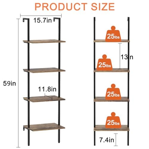 Industrial Brown 4-Tier Metal Bookshelf with Wall Mount Storage Rack