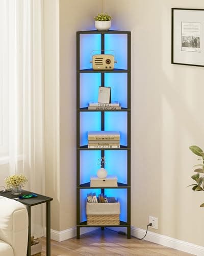 TUTOTAK Rustic Brown 5-Tier LED Corner Shelf for Small Spaces