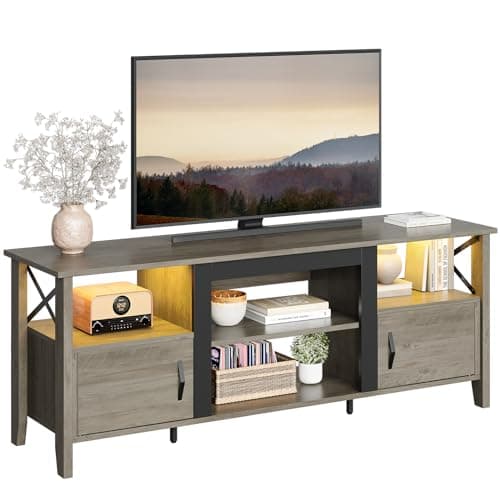 Bestier 63" Grey Wash Farmhouse TV Stand with LED Lights and Storage