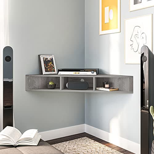 BELLEZE Gray Wash Russel 47 Inch Modern Corner Shelf - TV Console with 3 Shelves & Cable Cutout
