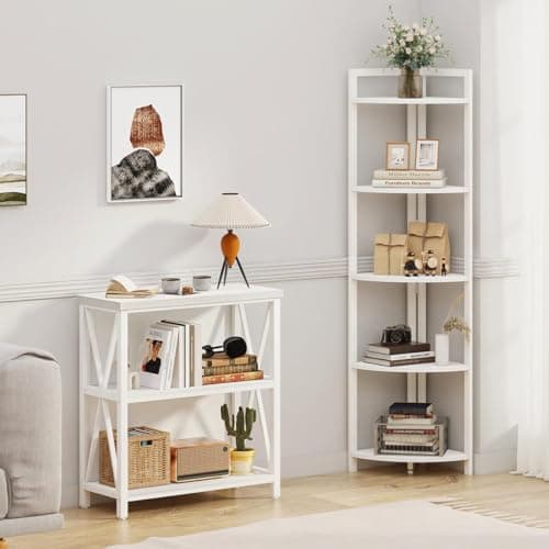 FATORRI White Oak 5 Tier Modern Corner Bookshelf Stand