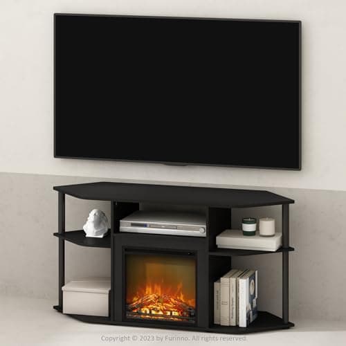 Furinno Jensen Electric Fireplace TV Stand, Corner Design, Up to 55 Inch TV, Decorative Heat-Free