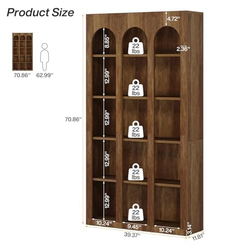 Tribesigns Walnut Brown 5-Tier Mid Century Arched Bookshelf for Home Office