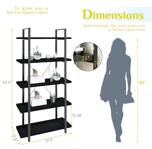 Modern Tall Bookshelf with Large Storage - 5 Tier Bookcase for Bedroom, Living Room, and Office - Black Shelf for Books and Plants.