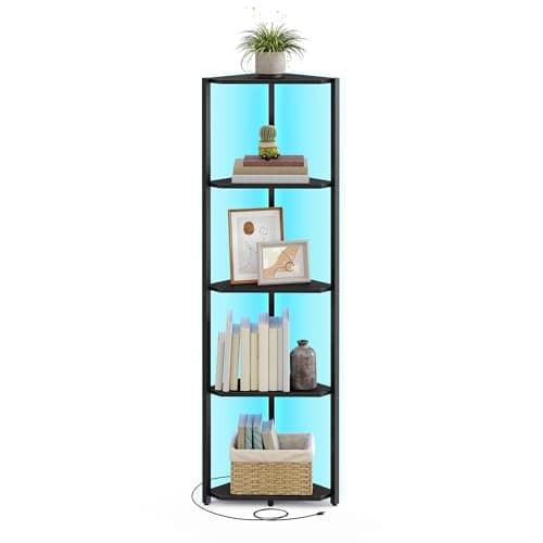 VASAGLE 5-Tier Corner Shelf Stand with LED Lights, Rustic Brown, for Living Room, Bedroom, and Study