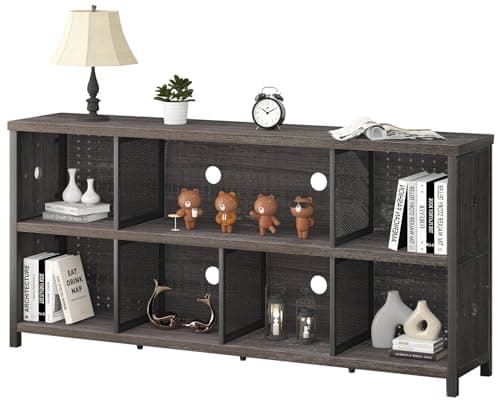 LVB Rustic Horizontal Bookshelf, Industrial Metal Wood Storage Organizer