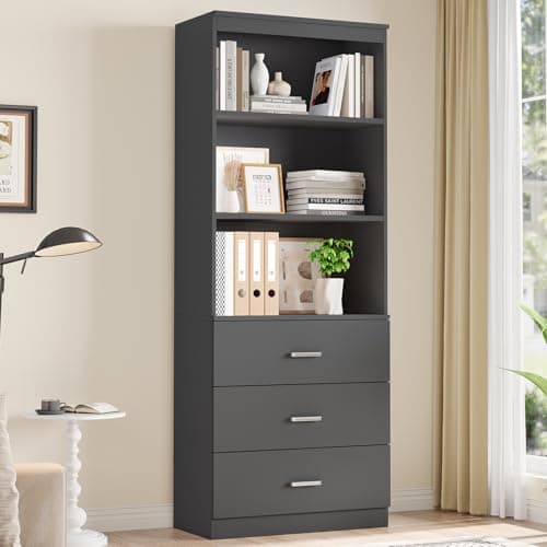 Fotosok 71" Tall Dark Grey Bookshelf with Drawers & 3-Tier Shelves for Home Office