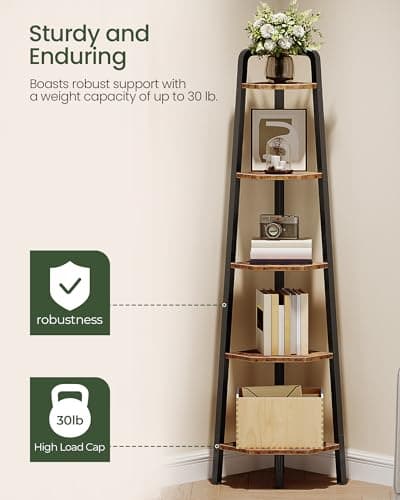 5-Tier Ladder Corner Shelf, 59.6" Tall, Rustic Brown and Black TCJ20BF
