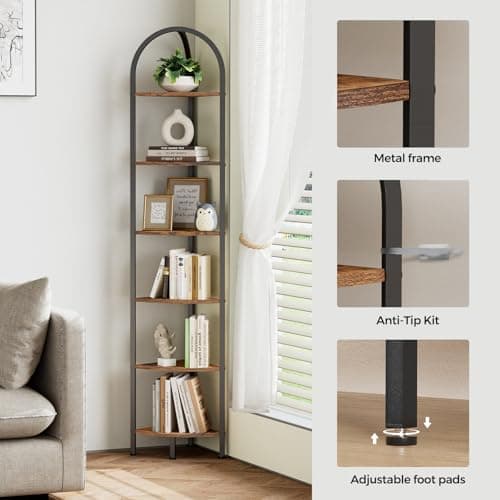 Homedy 6-Tier Arched Corner Shelf Stand, Industrial Brown & Black꽂'icon