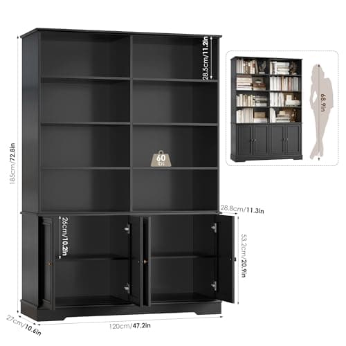 Finetones 73" Tall Black Bookshelf with Doors, 6-Tier Storage Large Bookcase