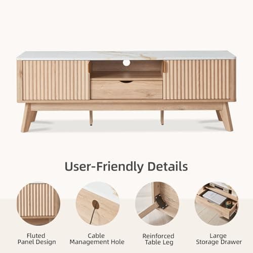 Mid-Century Modern TV Console with Cabinets, Faux Marble Top (65"/60"/55")