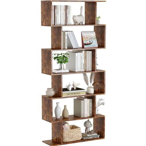 Yusong S-Shaped 6-Tier Geometric Bookcase, Modern Rustic Brown Tall Decor for Home Office & Bedroom