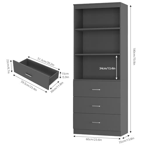 Fotosok 71" Tall Dark Grey Bookshelf with Drawers & 3-Tier Shelves for Home Office