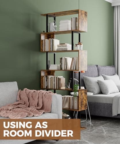 Gadroad 6 Tier Geometric S-Shaped Bookcase, Rustic Brown, Living Room Bedroom Storage