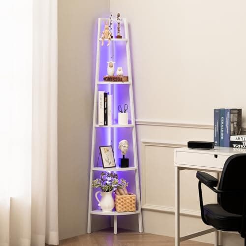 5-Tier Corner Shelf Stand with LED Light for Bedroom and Office