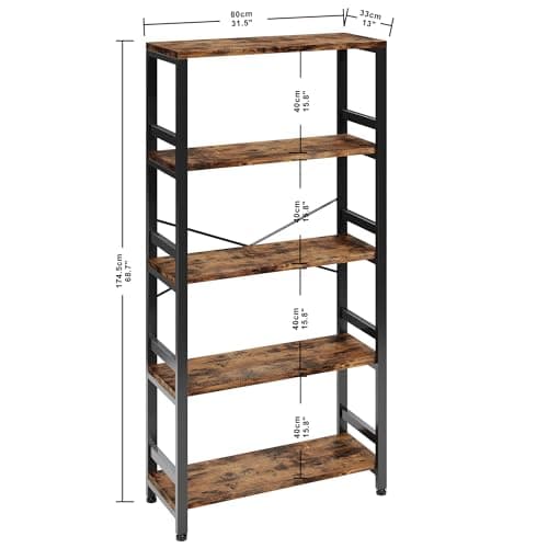 Vintage Brown 5-Tier Iron Bookcase, 31.5in Wide Shelf, Bedroom & Living Room