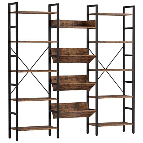 IRONCK Industrial Triple Wide 5 Tiers Bookshelf with Metal Frame for Living Room and Home Office