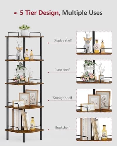 Tajsoon 5-Tier Industrial Corner Shelf, Rustic Brown, Multi-Purpose Stand