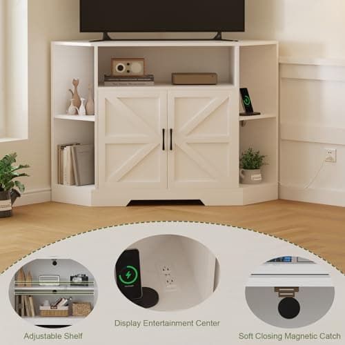 Modern Farmhouse 55 Inch TV Stand with Power Outlet, Wood Console Storage Shelves, White