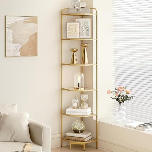 Modern 6-Tier Steel & Tempered Glass Corner Shelf Stand, CS90600G