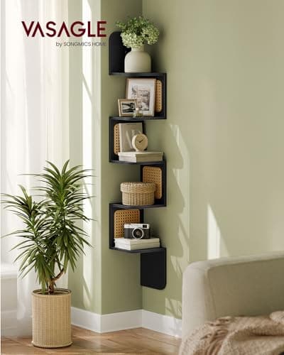 Boho Style 5-Tier Corner Shelf with Rattan Sides for Kitchen, Living Room, Bedroom