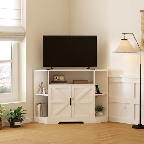 Modern Farmhouse 55 Inch TV Stand with Power Outlet, Wood Console Storage Shelves, White