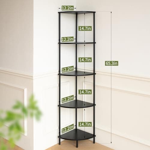 Yoobure 5-Tier Tall Black Corner Bookshelf for Living Room, Bedroom, Office
