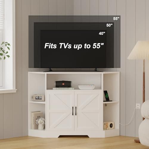 Modern Farmhouse 55 Inch TV Stand with Power Outlet, Wood Console Storage Shelves, White