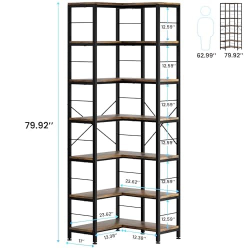 Rustic Brown 7-Tier 80" Tall Industrial L-Shaped Corner Bookcase