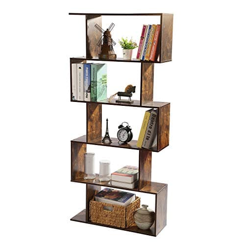 Yusong 5-Tier Geometric S-Shaped Bookshelf, Modern Rustic Brown Home Office Decor