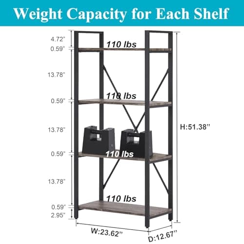 BON AUGURE Dark Gray Oak 4 Tier Bookshelf for Living Room & Office