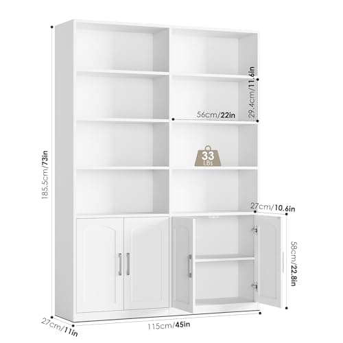 Double Wide 6 Tier White Bookshelf with Doors & Storage Cabinets for Home Office