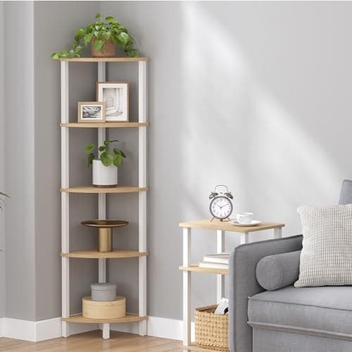 5-Tier Industrial Ladder Shelf, White & Nature Wood, UJSJ001Q