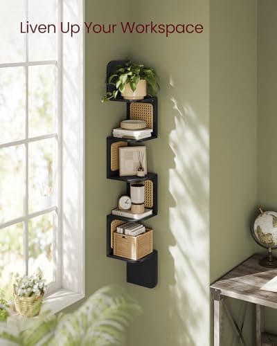 Boho Style 5-Tier Corner Shelf with Rattan Sides for Kitchen, Living Room, Bedroom