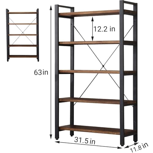 Vintage Industrial 5-Tier Bookcase, Real Wood and Metal (5-Tiers)