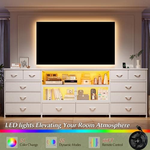 EnHomee 71" TV Stand for 85/80/75 Inch TVs with LED & Charging, Large White Console