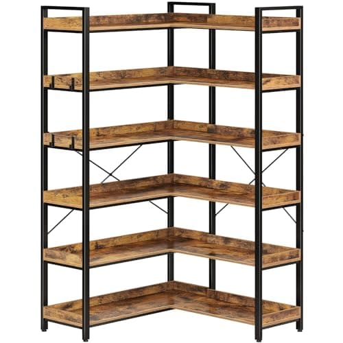 Rolanstar 5-Tier Industrial Wooden Bookshelf with Hooks, White