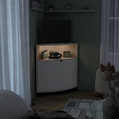 Berg Modern 31-inch LED Corner Cabinet, 16 Colors, USB Charge, White TV Stand