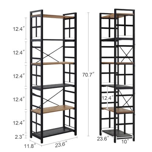 Industrial 6 Tier Bookshelf with Metal Frame - Rustic Brown