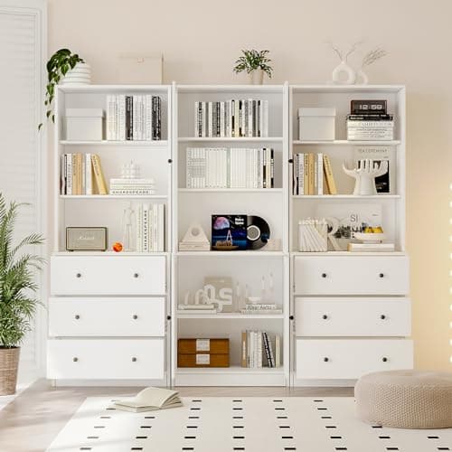 TUSY 71" 3-Tier Modern Bookshelf with 3 Drawers & 5-Tier Shelves, Wood & Glass Doors Home Office