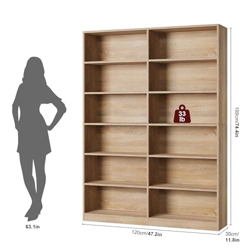 Double Wide 6-Tier Bookshelf, Tall Display Storage, Light Oak Home Decor
