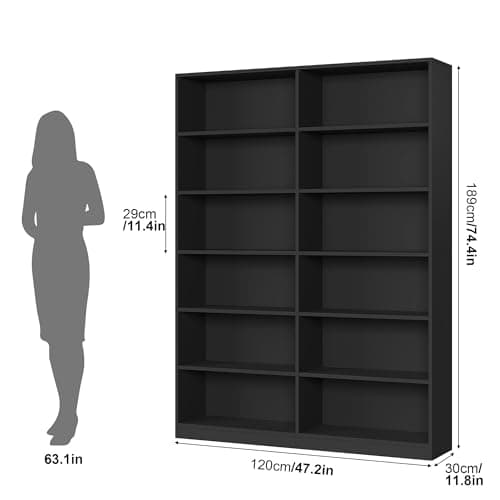 Double Wide 6-Tier Bookshelf, Tall Home Decor Bookcase, Black