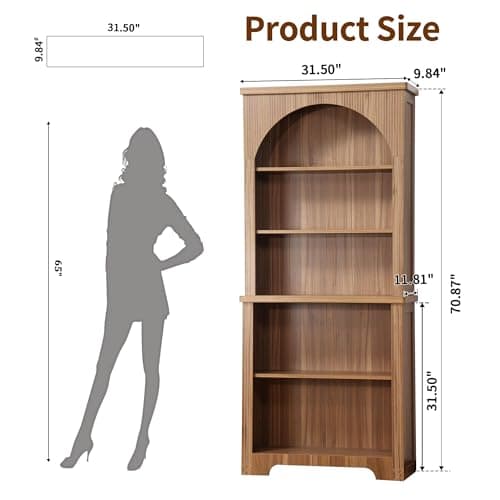 71" Tall Arched Bookshelf with Adjustable Shelves for Living Room and Home Office