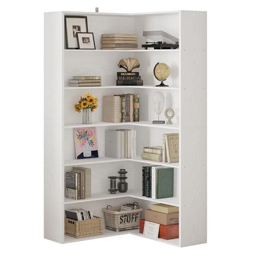 ANCTOR White 6-Tier Corner Bookshelf with Baffles for Living Room and Home Office