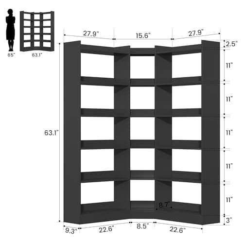 Industrial Black 6-Tier L-Shaped Corner Bookshelf with Baffle_storage Rack