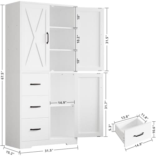 Industrial 67.5 Inch 5 Tier Bookshelf with 3 Doors & Drawers