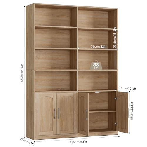 Double Wide Large 6 Tier Oak Bookshelf with Doors and Storage Cabinets