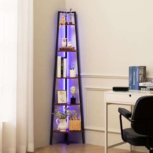 5-Tier Corner Shelf Stand with LED Light for Bedroom and Office