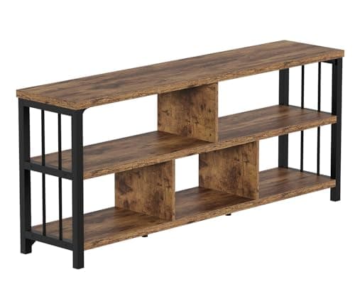 IBF Farmhouse 63" Long Wood Metal Bookshelf with 5 Cube Storage for Home Office and Living Room, Rustic Brown